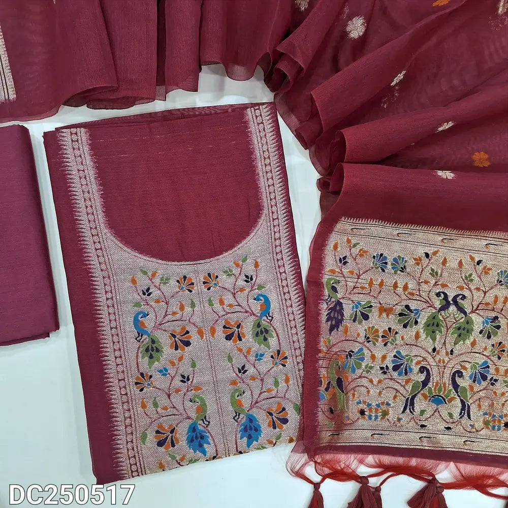 Reddish Maroon designer premium silk cotton unstitched salwar material, paithani weaving on yoke & daman(lining needed)matching silk cotton bottom, jamdani woven premium silk cotton dupatta with paithani weaving pallu.DC250517