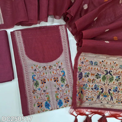 Reddish Maroon designer premium silk cotton unstitched salwar material, paithani weaving on yoke & daman(lining needed)matching silk cotton bottom, jamdani woven premium silk cotton dupatta with paithani weaving pallu.DC250517