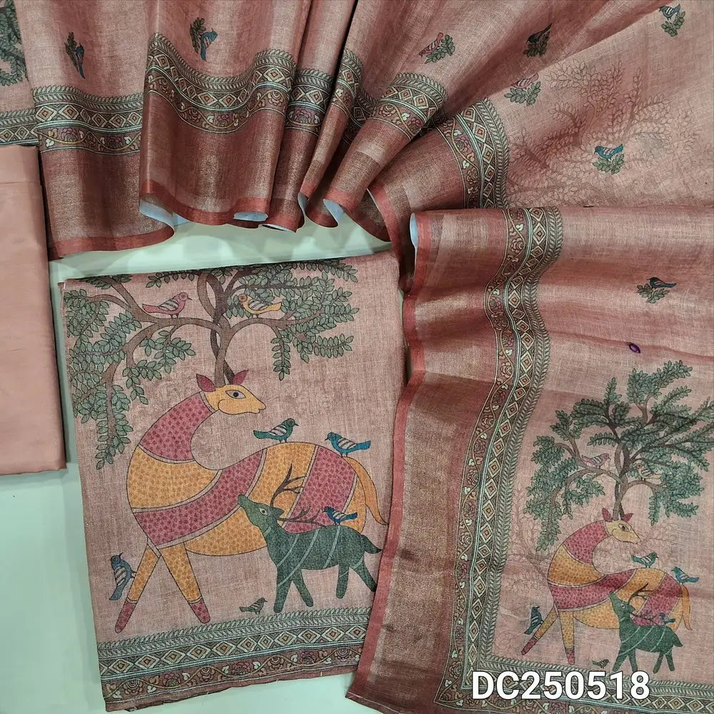 Pastel Pink & golden tint fancy tissue silk cotton unstitched salwar material(lining needed) digital print on daman, matching silky bottom, digital printed fancy tissue silk cotton dupatta. DC250518