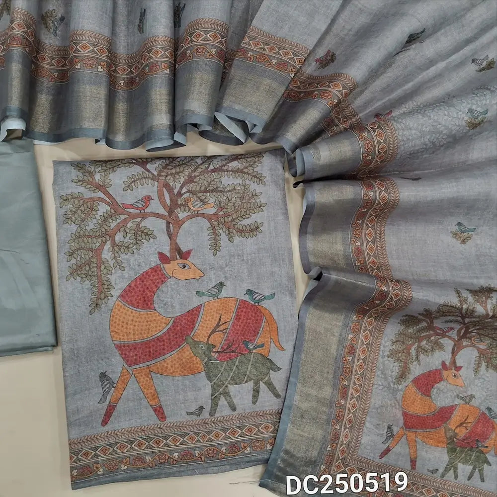 Light Grey & golden tint fancy tissue silk cotton unstitched salwar material(lining needed) digital print on daman, matching silky bottom, digital printed fancy tissue silk cotton dupatta. DC250519