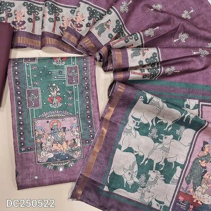 Digital printed Mauve semi gicha unstitched salwar material(textured, lining needed) digital print on yoke, faux mirror work on front,  matching spun cotton bottom, digital print semi gicha full length dupatta. Dc250522