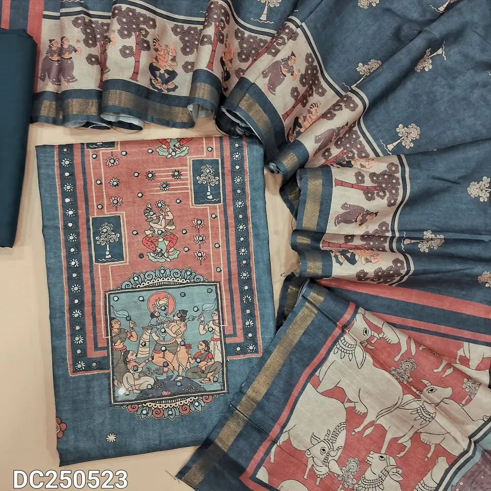 Digital printed Blue semi gicha unstitched salwar material(textured, lining needed) digital print on yoke, faux mirror work on front,  matching spun cotton bottom, digital print semi gicha full length dupatta. Dc250523