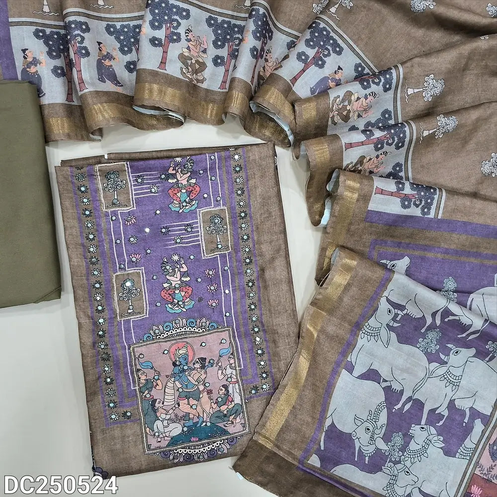 Digital printed dark Beige semi gicha unstitched salwar material(textured, lining needed) digital print on yoke, faux mirror work on front,  matching spun cotton bottom, digital print semi gicha full length dupatta. Dc250524