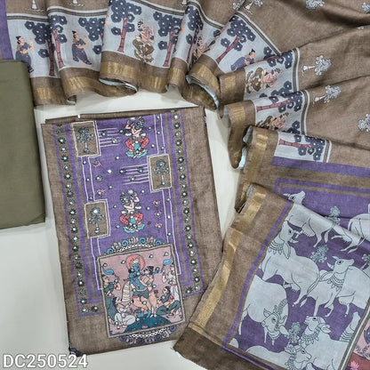 Digital printed dark Beige semi gicha unstitched salwar material(textured, lining needed) digital print on yoke, faux mirror work on front,  matching spun cotton bottom, digital print semi gicha full length dupatta. Dc250524