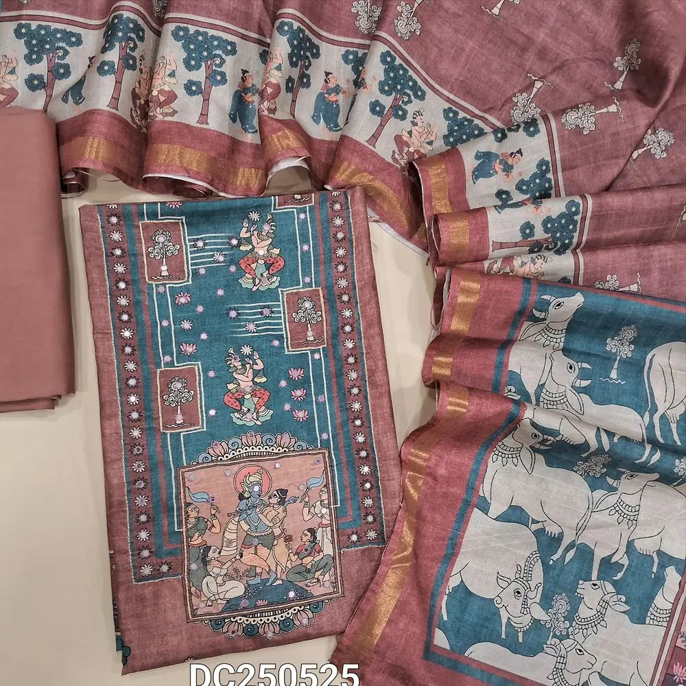 Digital printed onion Pink semi gicha unstitched salwar material(textured, lining needed) digital print on yoke, faux mirror work on front,  matching spun cotton bottom, digital print semi gicha full length dupatta. Dc250525