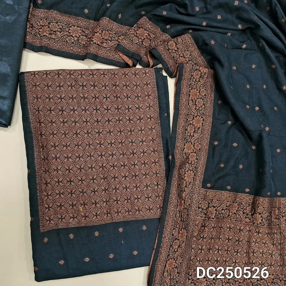 Black fancy silk unstitched salwar material (soft,lining needed)antic gold zari woven on yoke,zari buttas on front,matching silky bottom,zari buttas on fancy silk full length dupatta with rich pallu . DC250526