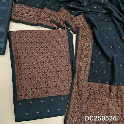 Black fancy silk unstitched salwar material (soft,lining needed)antic gold zari woven on yoke,zari buttas on front,matching silky bottom,zari buttas on fancy silk full length dupatta with rich pallu . DC250526