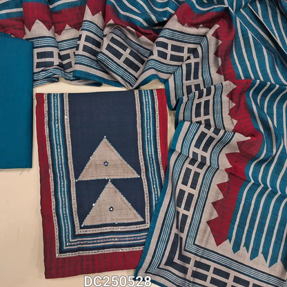Digital printed Maroon premium silk cotton unstitched salwar material(lining needed) hand kantha stitch work on yoke, blue spun cotton bottom, digital printed silk cotton short width dupatta. DC250528