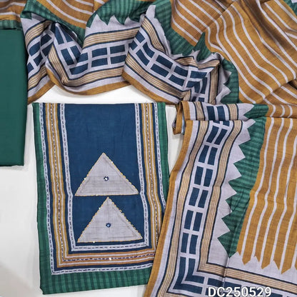 Digital printed dark Green premium silk cotton unstitched salwar material(lining needed) hand kantha stitch work on yoke, matching spun cotton bottom, digital printed silk cotton short width dupatta. DC250529