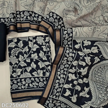 Black premium silk cotton unstitched salwar material (soft, lining needed) kalamkari printed allover, matching spun cotton bottom,  printed soft silk cotton full length dupatta with peacock design pallu. DC250602