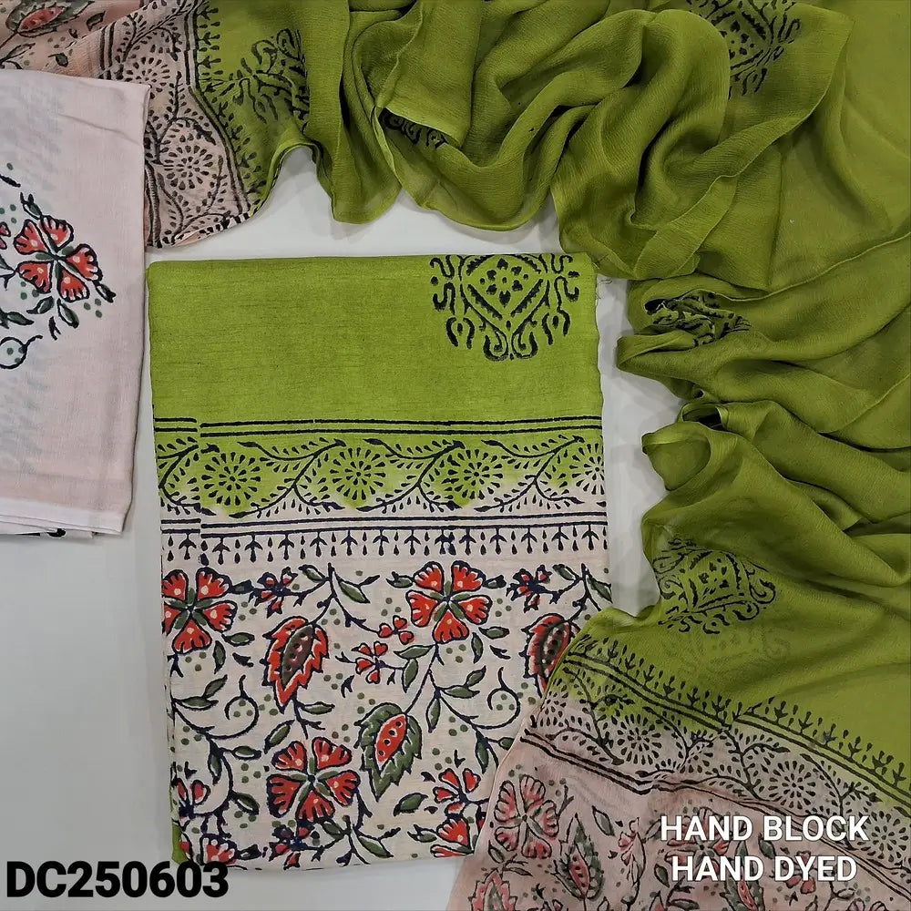 Green & Beige premium chanderi silk cotton unstitched salwar material (lining needed) original hand block printed allover, block printed beige santoon bottom, dual shaded block printed chiffon dupatta.DC250603 (TAPING NEEDED)