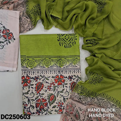 Green & Beige premium chanderi silk cotton unstitched salwar material (lining needed) original hand block printed allover, block printed beige santoon bottom, dual shaded block printed chiffon dupatta.DC250603 (TAPING NEEDED)
