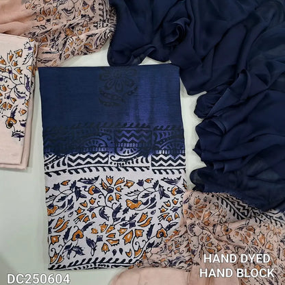 Dark Blue & Beige premium chanderi silk cotton unstitched salwar material (lining needed) original hand block printed allover, block printed beige santoon bottom, dual shaded block printed chiffon dupatta.DC250604 (TAPING NEEDED)