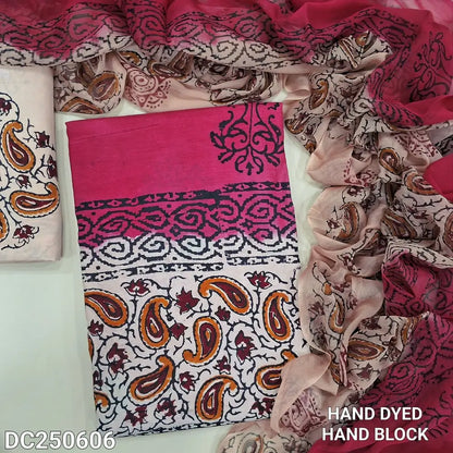 Pink & Beige premium chanderi silk cotton unstitched salwar material (lining needed) original hand block printed allover, block printed beige santoon bottom, dual shaded block printed chiffon dupatta.DC250606 (TAPING NEEDED)