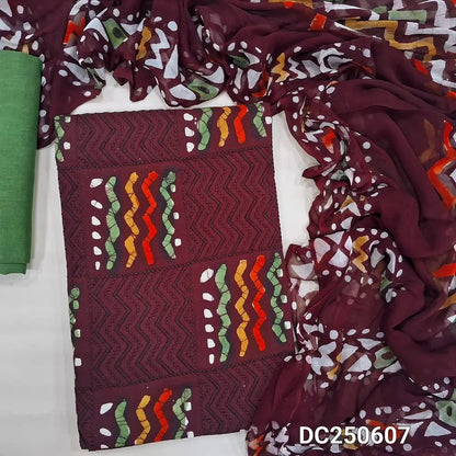 Dark Maroon original wax batik soft cotton unstitched salwar material (lining needed) embroidery work on front, green cotton bottom, original wax batik pure chiffon dupatta(TAPING NEEDED). DC250607