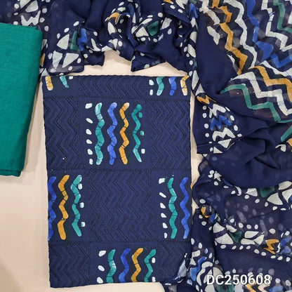 Blue original wax batik soft cotton unstitched salwar material (lining needed) embroidery work on front, turquoise green cotton bottom, original wax batik pure chiffon dupatta(TAPING NEEDED). DC250608