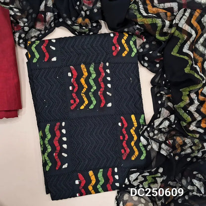 Black original wax batik soft cotton unstitched salwar material (lining needed) embroidery work on front, maroon cotton bottom, original wax batik pure chiffon dupatta(TAPING NEEDED). Dc250609