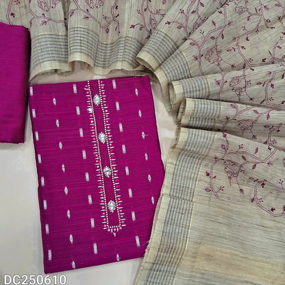 Designer rani Pink raw silk unstitched salwar material (lining needed) real mirror work on yoke, zari buttas allover, matching silky or silk cotton bottom, heavy embroidery beige silk cotton dupatta. DC250610