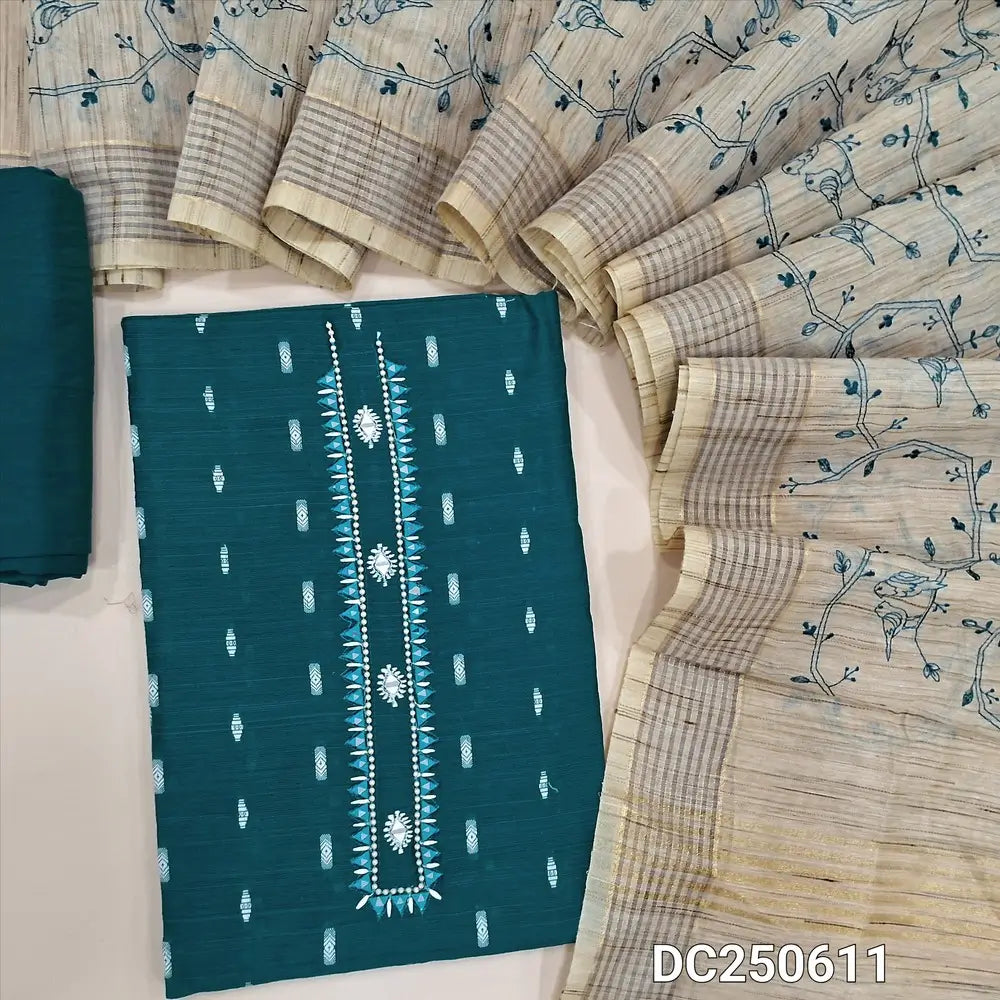 Designer dark teal Blue raw silk unstitched salwar material (lining needed) real mirror work on yoke, zari buttas allover, matching silky or silk cotton bottom, heavy embroidery beige silk cotton dupatta. DC250611
