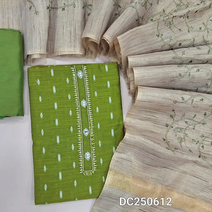 Designer Leafy Green raw silk unstitched salwar material (lining needed) real mirror work on yoke, zari buttas allover, matching silky or silk cotton bottom, heavy embroidery beige silk cotton dupatta. DC250612