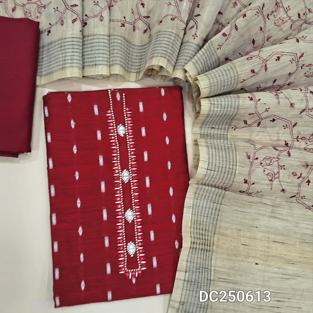 Designer Reddish Maroon raw silk unstitched salwar material (lining needed) real mirror work on yoke, zari buttas allover, matching silky or silk cotton bottom, heavy embroidery beige silk cotton dupatta. DC250613