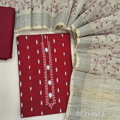 Designer Reddish Maroon raw silk unstitched salwar material (lining needed) real mirror work on yoke, zari buttas allover, matching silky or silk cotton bottom, heavy embroidery beige silk cotton dupatta. DC250613