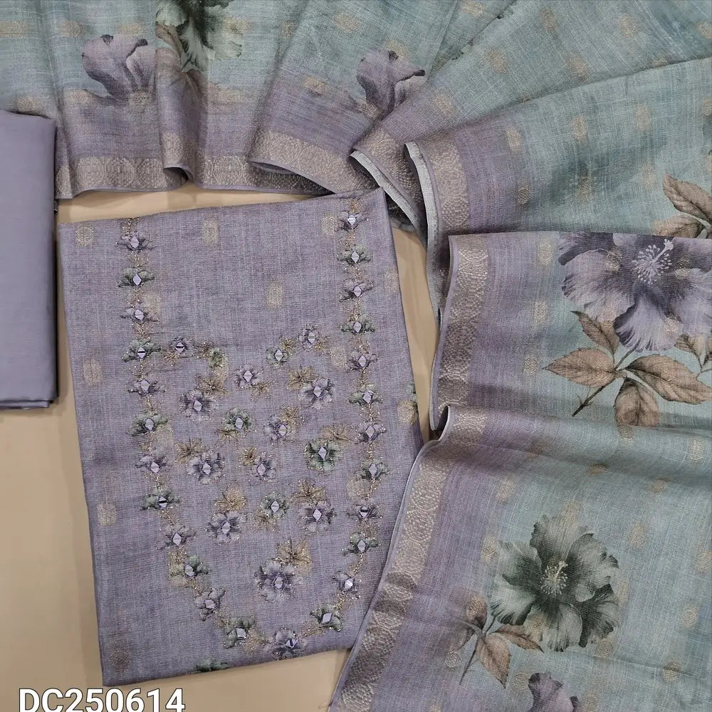 Lavender fancy tissue silk cotton unstitched salwar material (lining needed) floral print on daman, real mirror work on yoke, matching silky bottom, floral printed dual shaded tissue silk cotton dupatta. DC250614