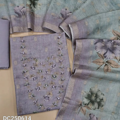 Lavender fancy tissue silk cotton unstitched salwar material (lining needed) floral print on daman, real mirror work on yoke, matching silky bottom, floral printed dual shaded tissue silk cotton dupatta. DC250614