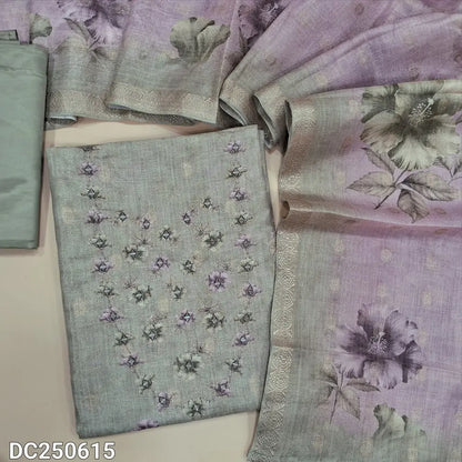 Greenish Grey fancy tissue silk cotton unstitched salwar material (lining needed) floral print on daman, real mirror work on yoke, matching silky bottom, floral printed dual shaded tissue silk cotton dupatta. DC250615