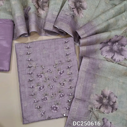 Pastel Pink fancy tissue silk cotton unstitched salwar material (lining needed) floral print on daman, real mirror work on yoke, matching silky bottom, floral printed dual shaded tissue silk cotton dupatta. DC250616