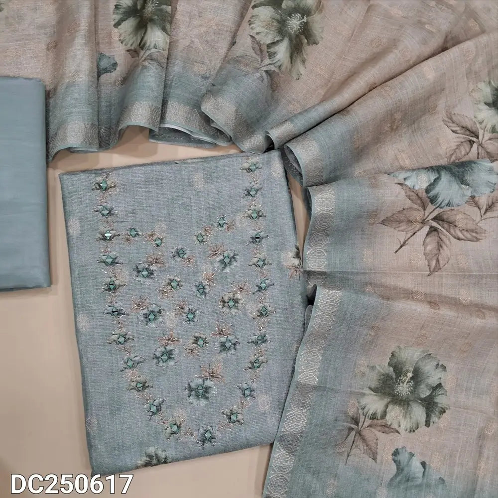 Light Grey fancy tissue silk cotton unstitched salwar material (lining needed) floral print on daman, real mirror work on yoke, matching silky bottom, floral printed dual shaded tissue silk cotton dupatta. DC250617