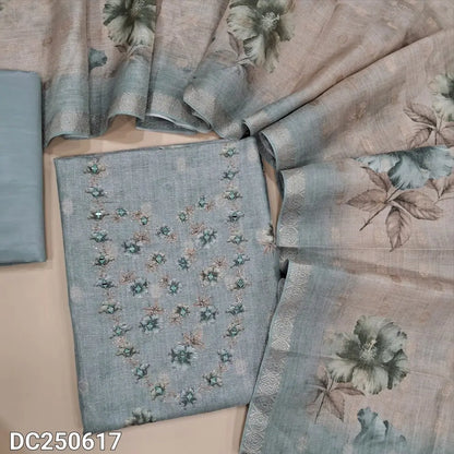 Light Grey fancy tissue silk cotton unstitched salwar material (lining needed) floral print on daman, real mirror work on yoke, matching silky bottom, floral printed dual shaded tissue silk cotton dupatta. DC250617