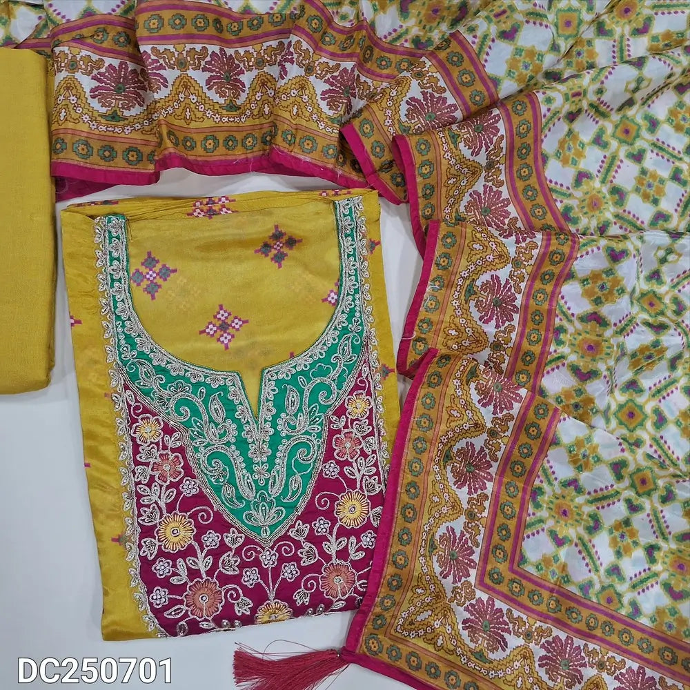 Designer Mehandhi Yellow  viscous organza unstitched salwar material (thin, shiny, lining needed) sequins, zardozi work on yoke, matching santoon bottom, digital patola pint russian silk short width dupatta. DC250701