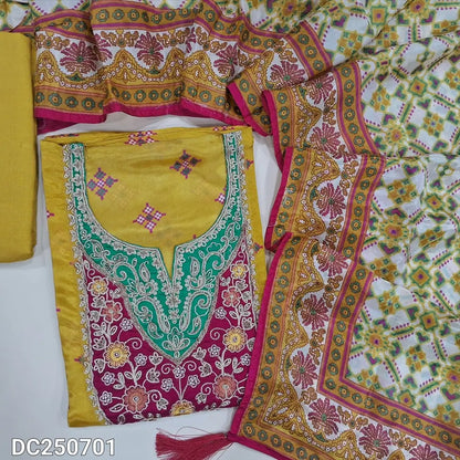 Designer Mehandhi Yellow  viscous organza unstitched salwar material (thin, shiny, lining needed) sequins, zardozi work on yoke, matching santoon bottom, digital patola pint russian silk short width dupatta. DC250701