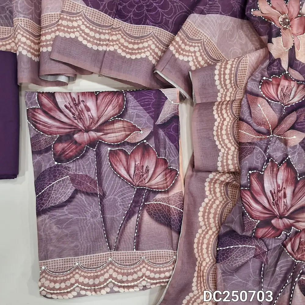 Digital floral printed Purple silk cotton unstitched salwar material (thin, lining needed) kantha stitch work on front, purple cotton bottom, digital print, kantha stitch work on silk cotton dupatta. DC250703