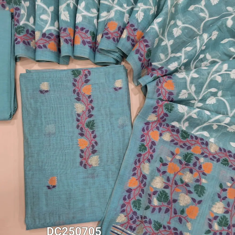 Designer pastel Blue jamdani woven premium silk cotton unstitched salwar material (thin, lining needed)  heavy jamdani woven on daman, matching spun cotton bottom, jamdani woven premium silk cotton dupatta. DC250705