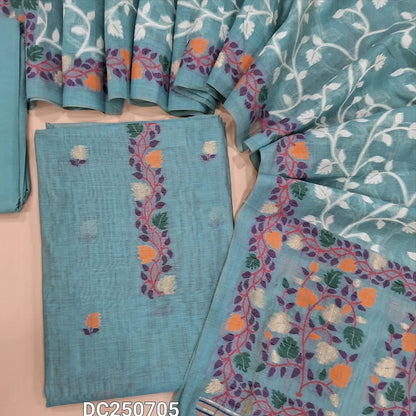 Designer pastel Blue jamdani woven premium silk cotton unstitched salwar material (thin, lining needed)  heavy jamdani woven on daman, matching spun cotton bottom, jamdani woven premium silk cotton dupatta. DC250705