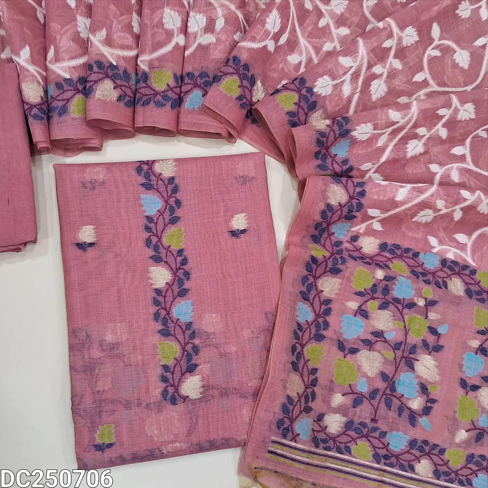 Designer pastel Pink jamdani woven premium silk cotton unstitched salwar material (thin, lining needed)  heavy jamdani woven on daman, matching spun cotton bottom, jamdani woven premium silk cotton dupatta. DC250706