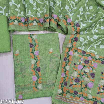 Designer pastel Green jamdani woven premium silk cotton unstitched salwar material (thin, lining needed)  heavy jamdani woven on daman, matching spun cotton bottom, jamdani woven premium silk cotton dupatta. DC250707