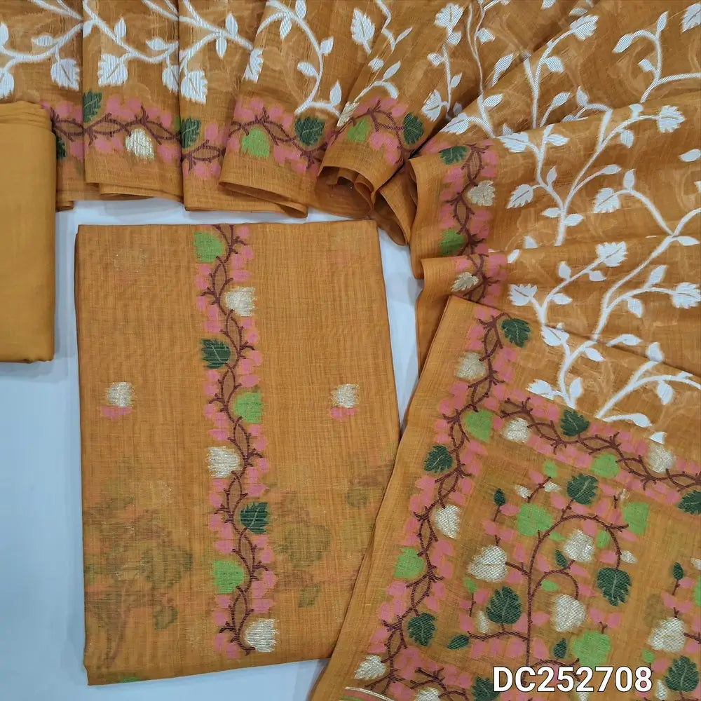 Designer Light Orange jamdani woven premium silk cotton unstitched salwar material (thin, lining needed)  heavy jamdani woven on daman, matching spun cotton bottom, jamdani woven premium silk cotton dupatta. DC250708