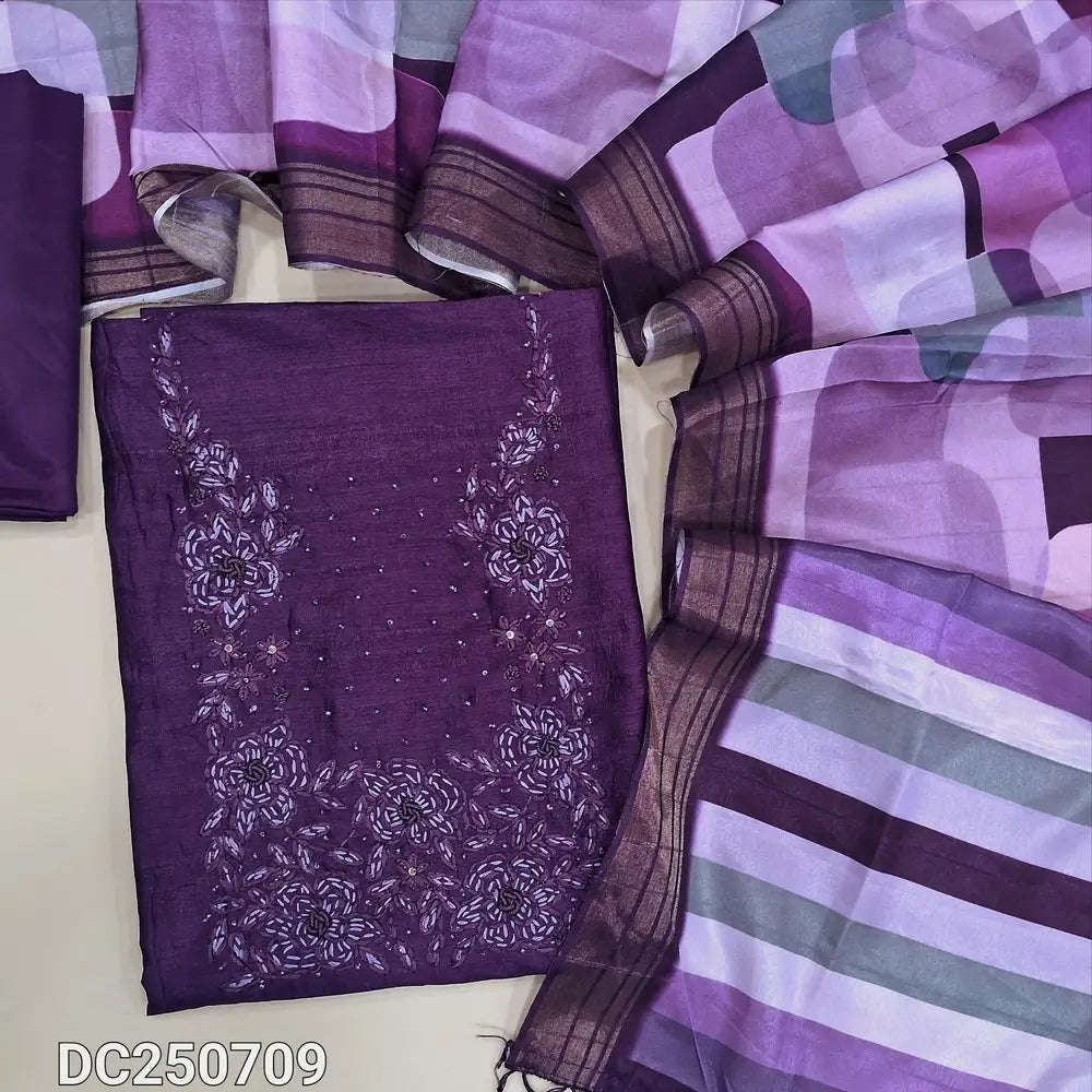 Purple fancy crinkled silk cotton unstitched salwar material (thin, lining needed) bead, hand embroidery work on yoke, matching silky bottom, digital abstract printed silk cotton dupatta with tassels. DC250709