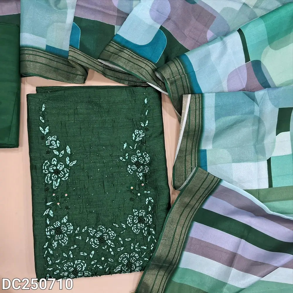 Bottle Green fancy crinkled silk cotton unstitched salwar material (thin, lining needed) bead, hand embroidery work on yoke, matching silky bottom, digital abstract printed silk cotton dupatta with tassels. DC250710