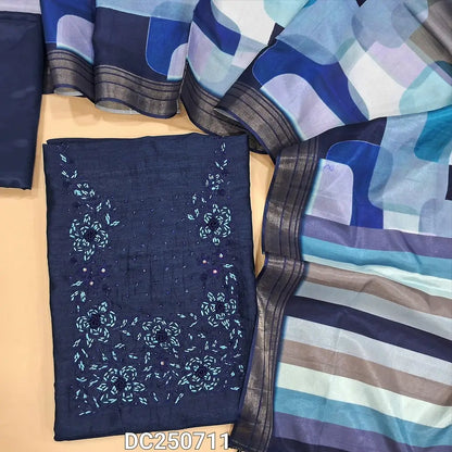Dark Blue fancy crinkled silk cotton unstitched salwar material (thin, lining needed) bead, hand embroidery work on yoke, matching silky bottom, digital abstract printed silk cotton dupatta with tassels. DC250711