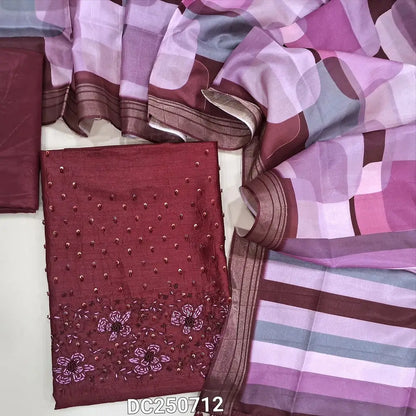 Dark Maroon fancy crinkled silk cotton unstitched salwar material (thin, lining needed) bead, hand embroidery work on yoke, matching silky bottom, digital abstract printed silk cotton dupatta with tassels. DC250712