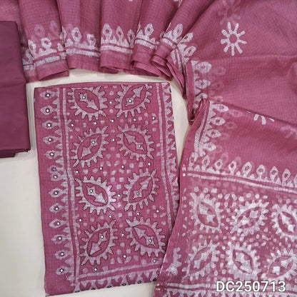 Pastel Pink pure kota cotton unstitched salwar material (thin, lining needed) batik printed allover, lining included, matching silky bottom,  batik printed kota cotton dupatta. DC250713