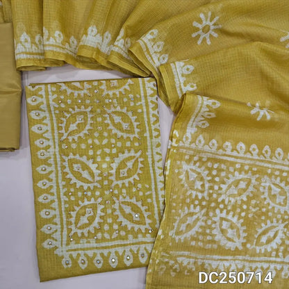 Mehandhi Yellow pure kota cotton unstitched salwar material (thin, lining needed) batik printed allover, lining included, matching silky bottom,  batik printed kota cotton dupatta. DC250714