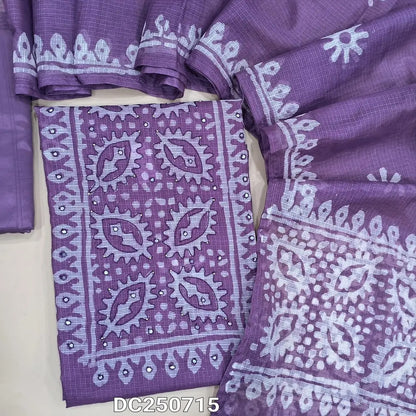 Purple pure kota cotton unstitched salwar material (thin, lining needed) batik printed allover, lining included, matching silky bottom,  batik printed kota cotton dupatta. DC250715