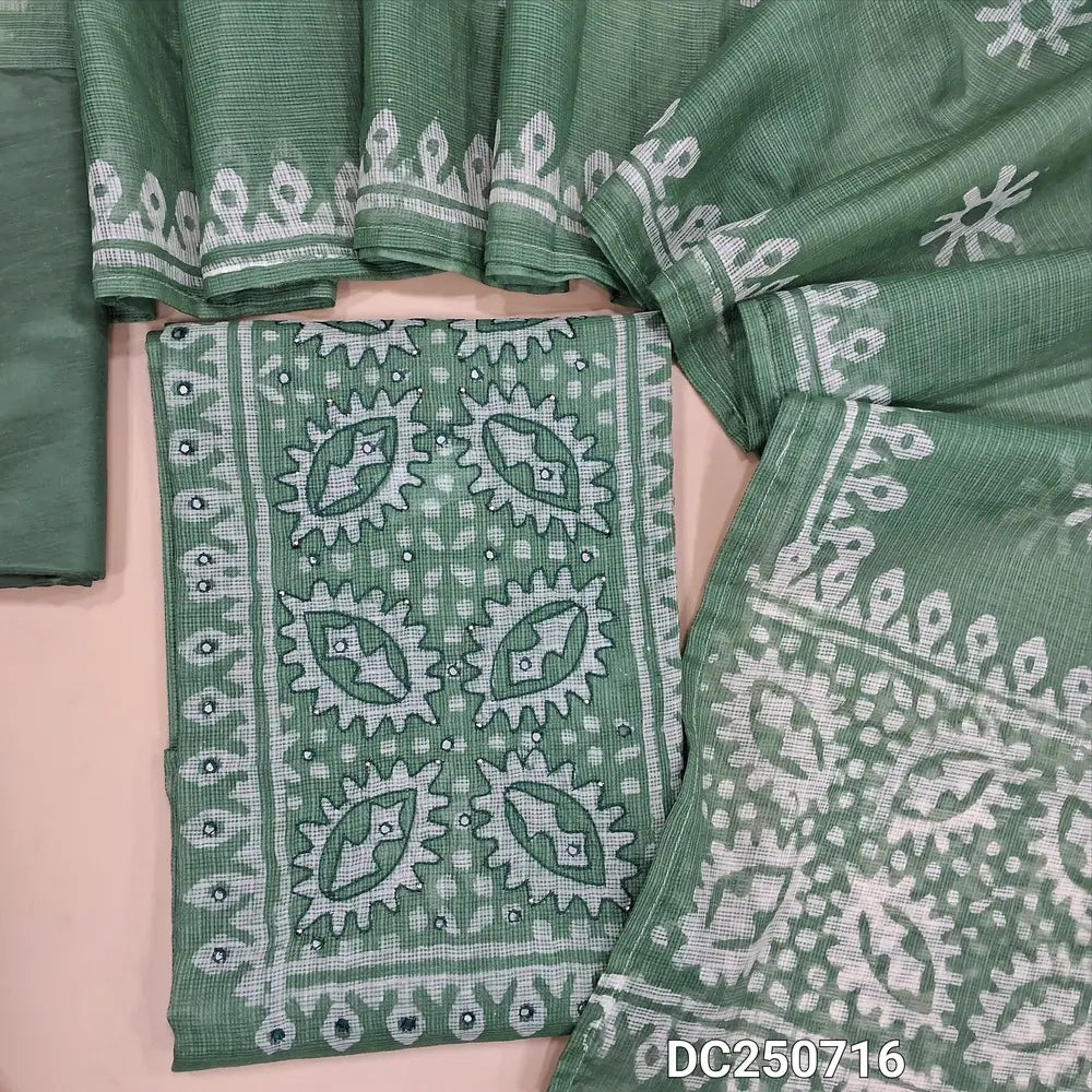Pastel Green pure kota cotton unstitched salwar material (thin, lining needed) batik printed allover, lining included, matching silky bottom,  batik printed kota cotton dupatta. DC250716