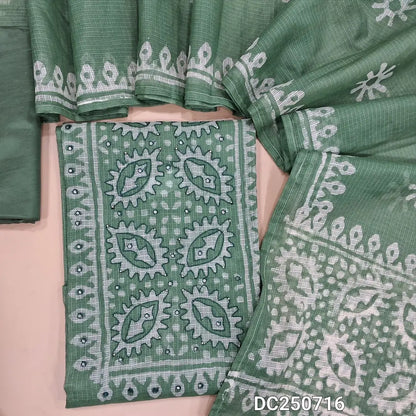 Pastel Green pure kota cotton unstitched salwar material (thin, lining needed) batik printed allover, lining included, matching silky bottom,  batik printed kota cotton dupatta. DC250716