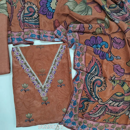 Designer digital printed light Brown premium crepe silk unstitched salwar material (soft, shiny, lining needed) thread, zardozi work on yoke, print, bead work on daman, santoon bottom, digital kalamkari printed  crepe silk full length dupatta. DC250717